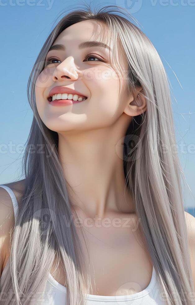 A woman with long gray hair smiling photo