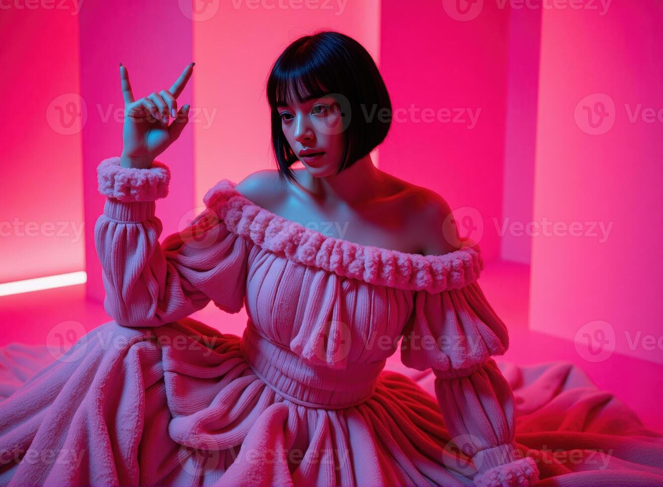 A woman in a pink dress sitting on a pink floor photo