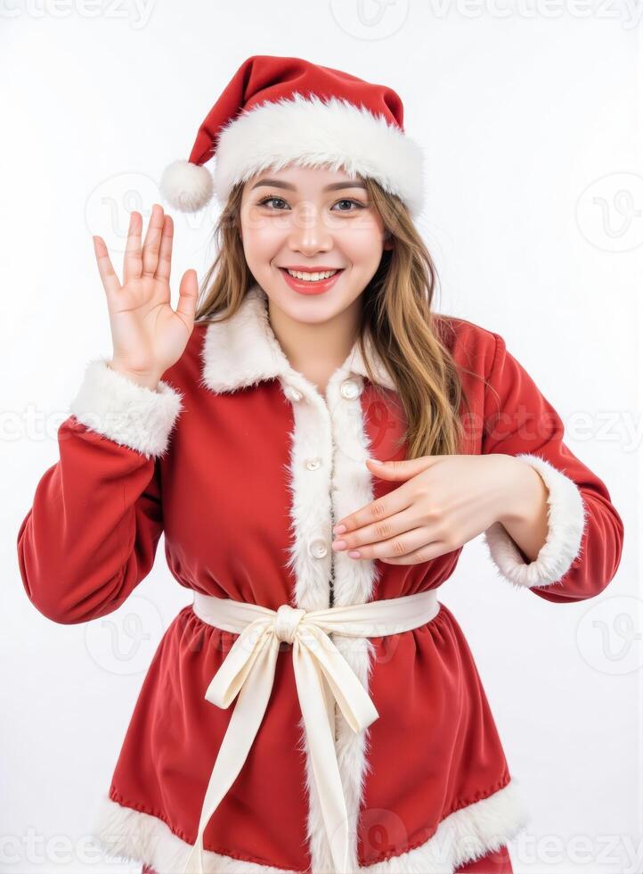 Asian woman in santa claus suit waving her hand photo