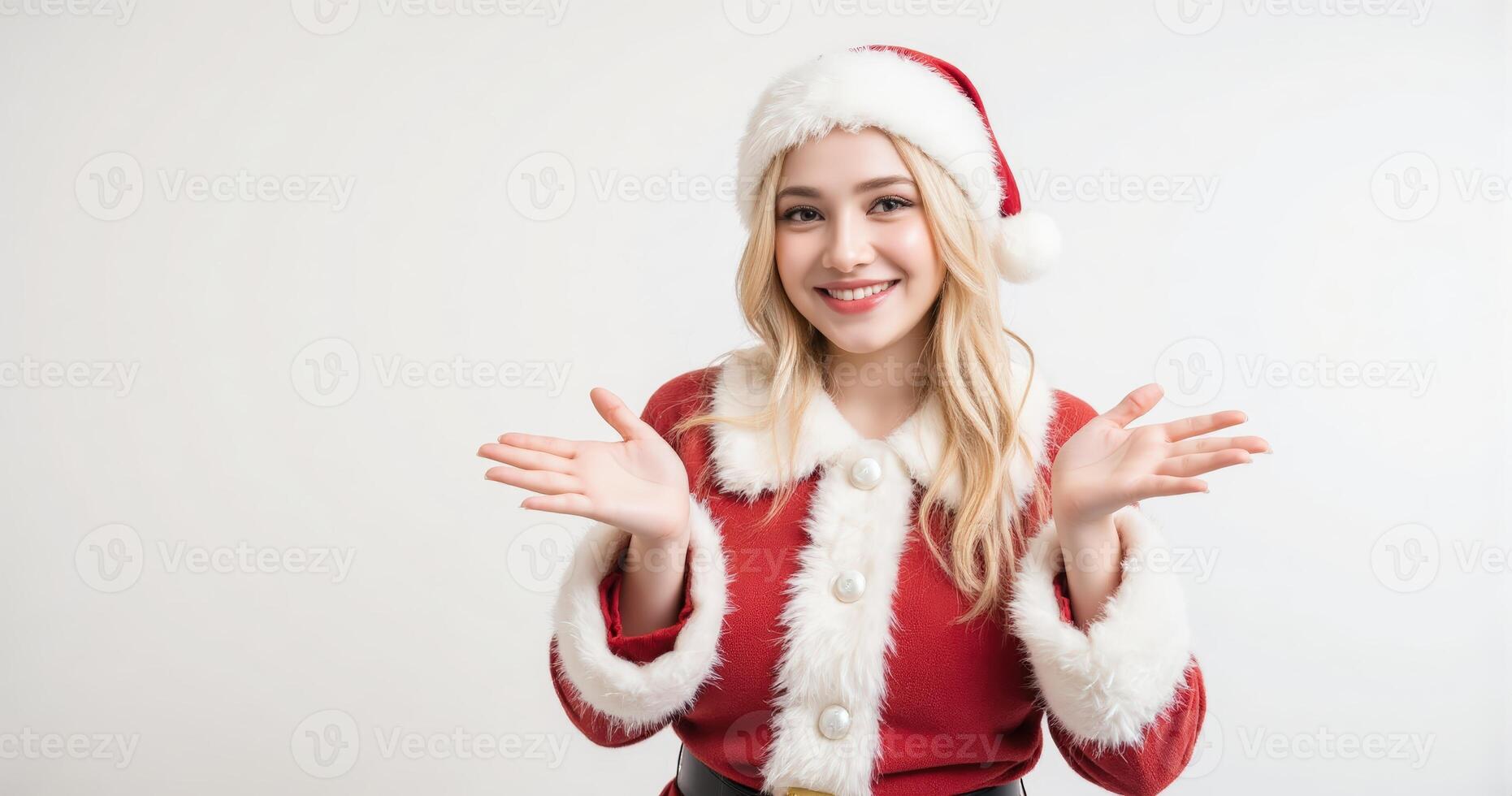 A woman in a santa claus outfit is smiling photo