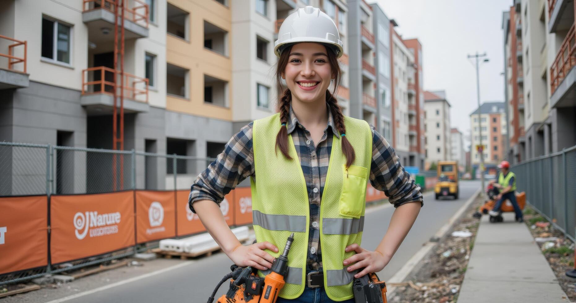 Confident woman in hard hat and safety vest poses on a city street with construction cones and equipment photo