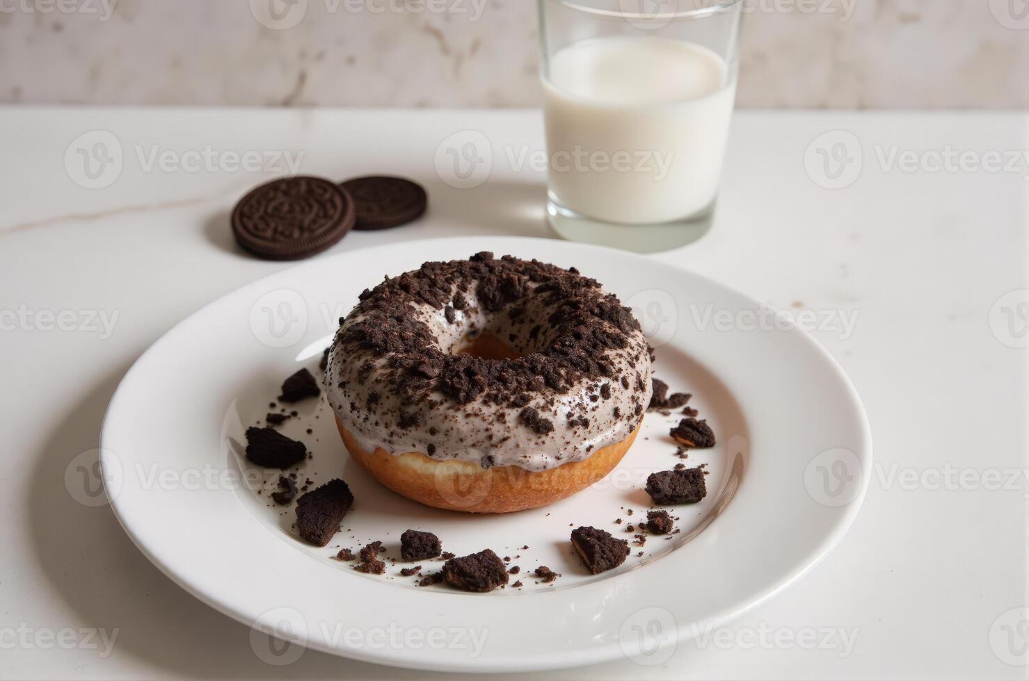 A donut with oreo cookies and milk on a plate photo