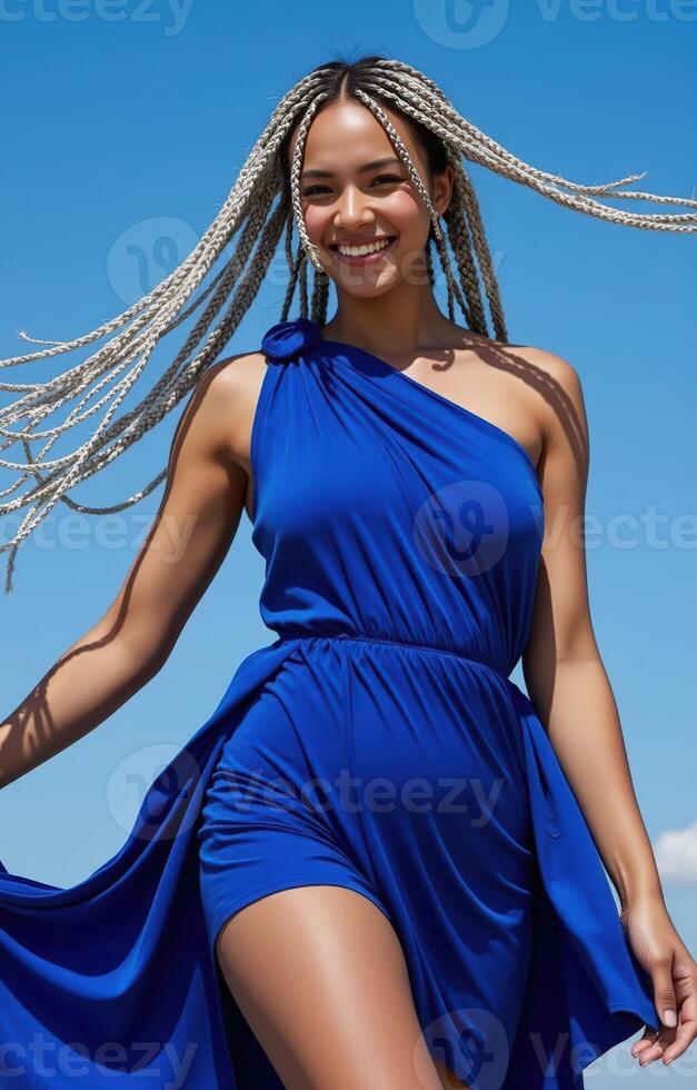 A beautiful young woman in a blue dress photo