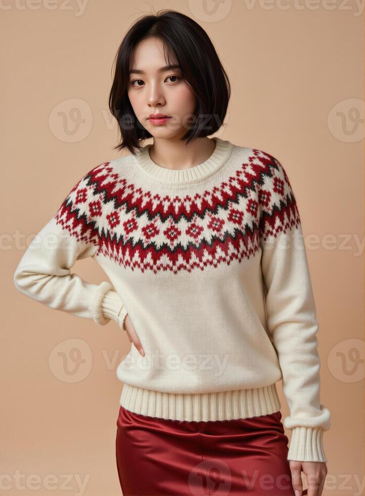 A woman wearing a sweater with red and black geometric patterns photo
