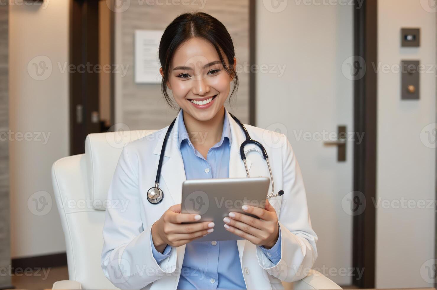 A smiling woman in a doctor's coat is using a tablet photo