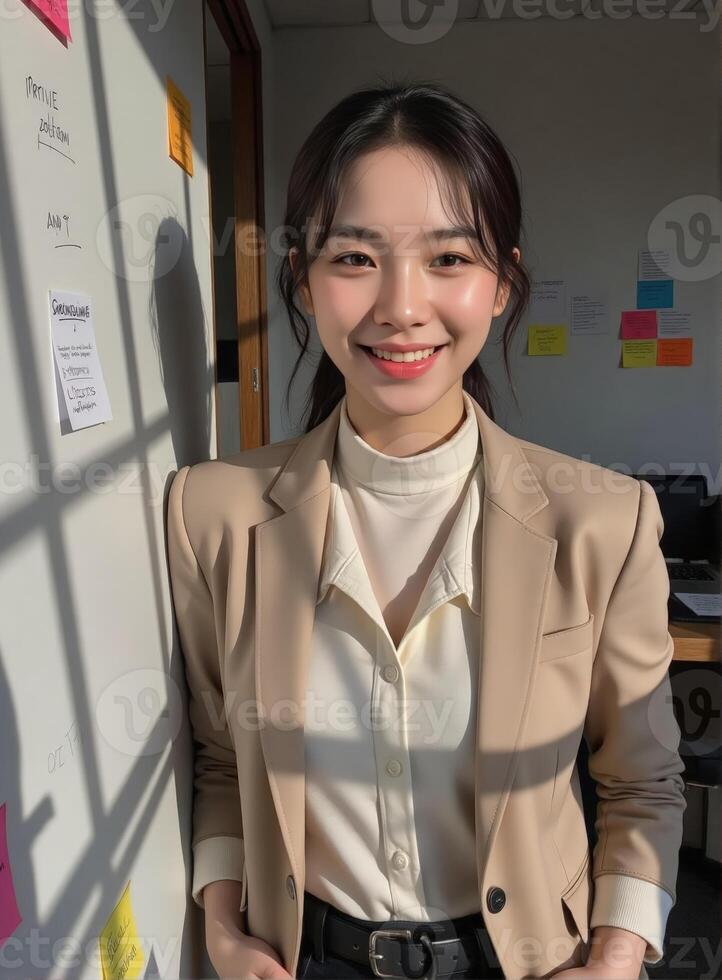 A woman in a suit standing in front of a window and whiteboard smile photo