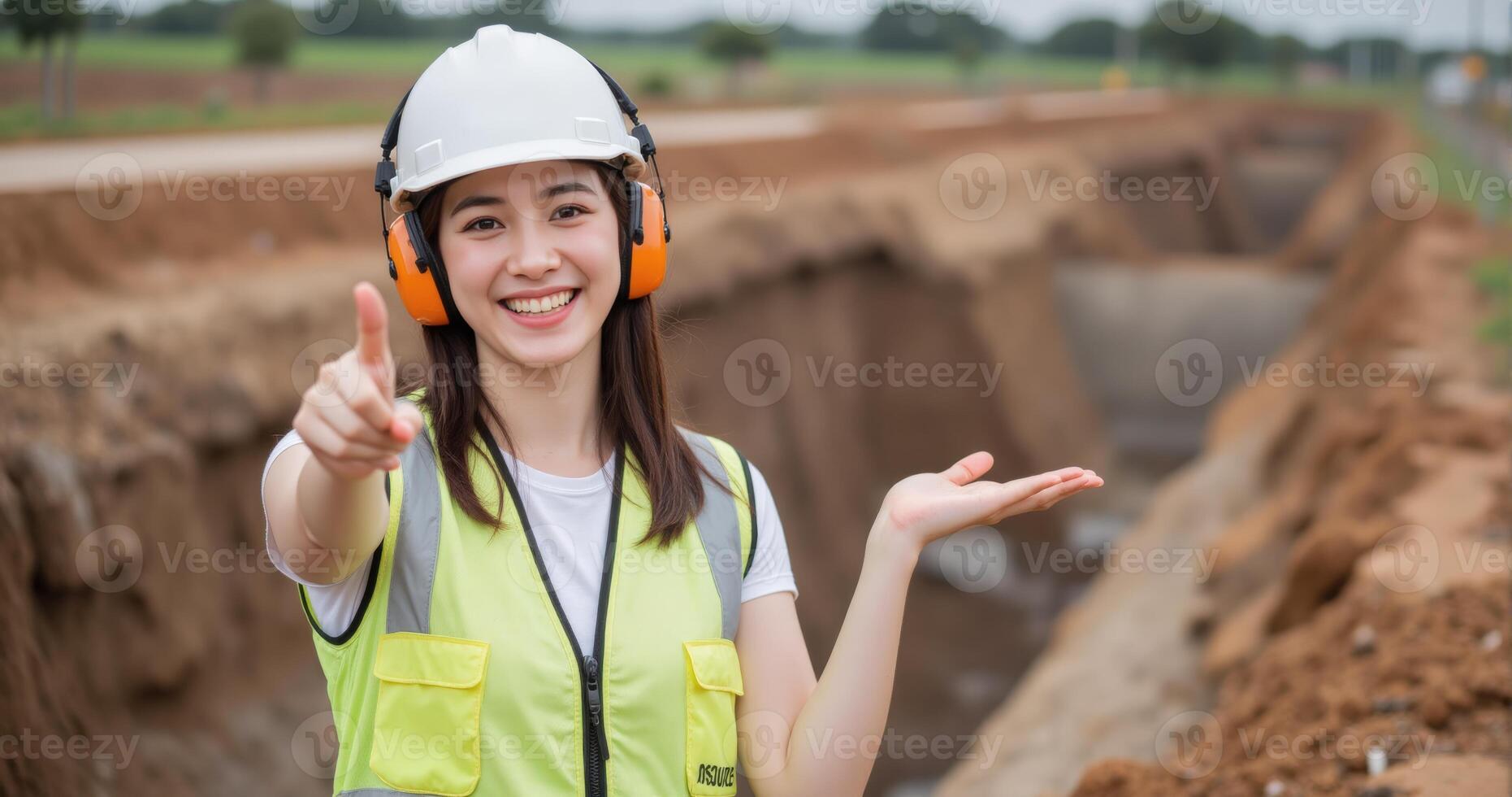 Asian woman wearing safety helmet and pointing at the camera photo