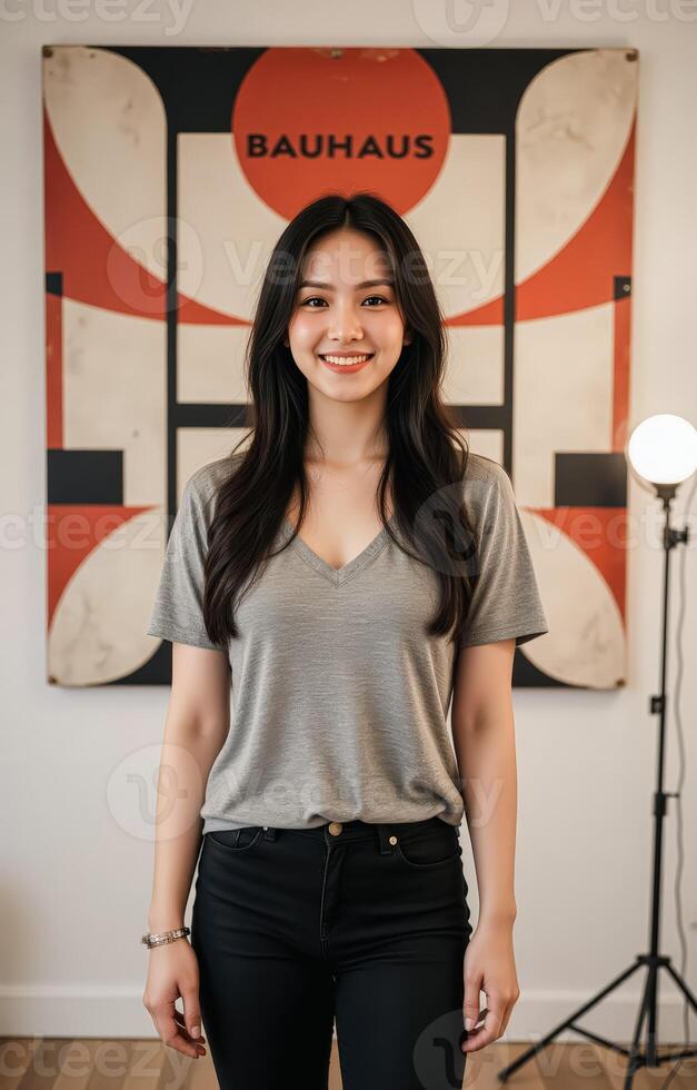 A woman in a gray shirt and black pants standing in front of a painting photo