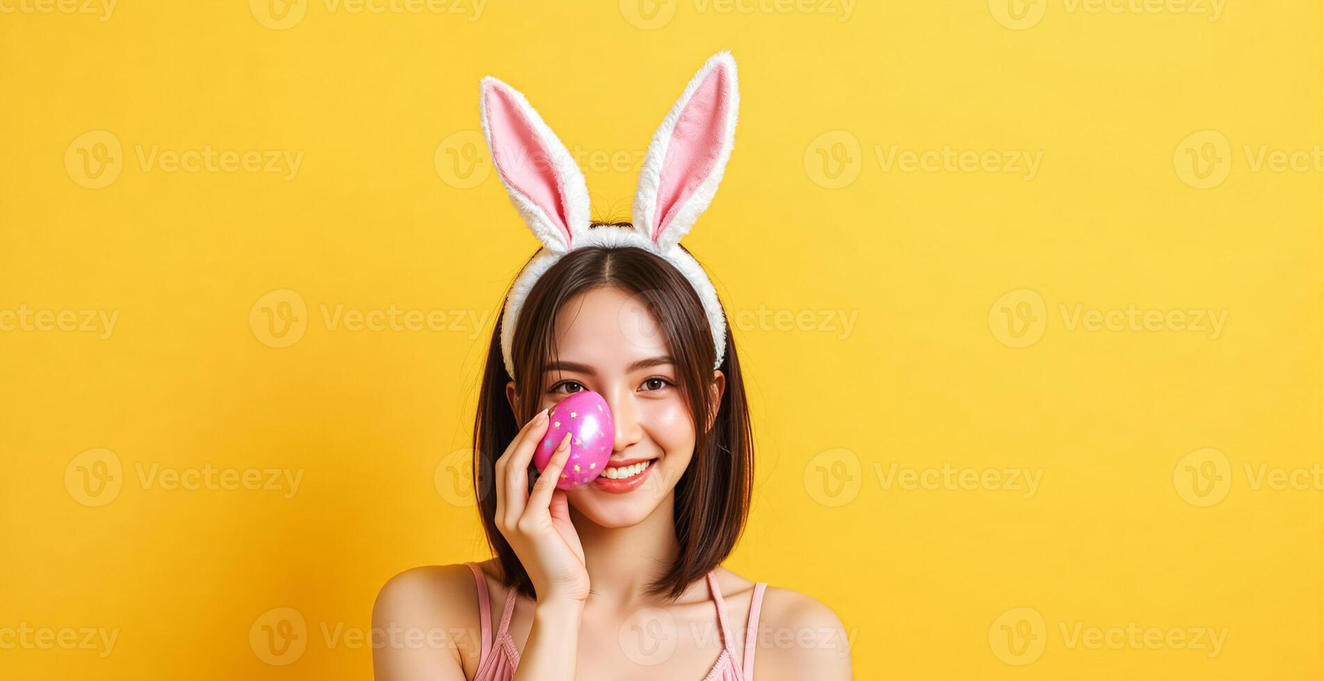 Smiling woman in playful bunny ears headband holds Easter basket full of eggs in yellow backdrop photo