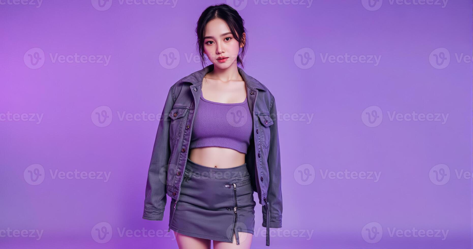 Edgy model with short black silky hair poses in stylish layered jacket crop top and mini skirt in purple studio setting photo