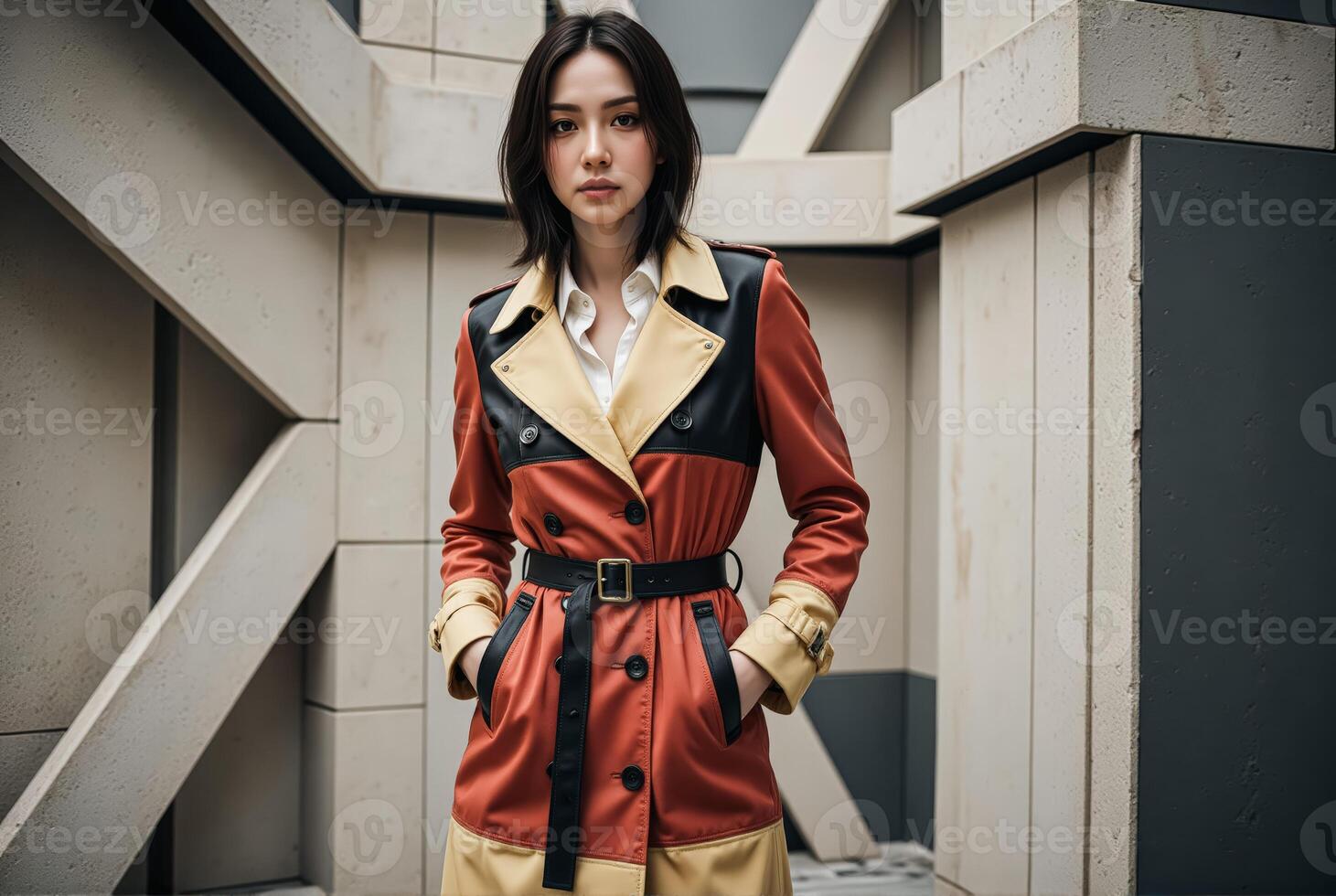 A woman in a red and orange trench coat photo