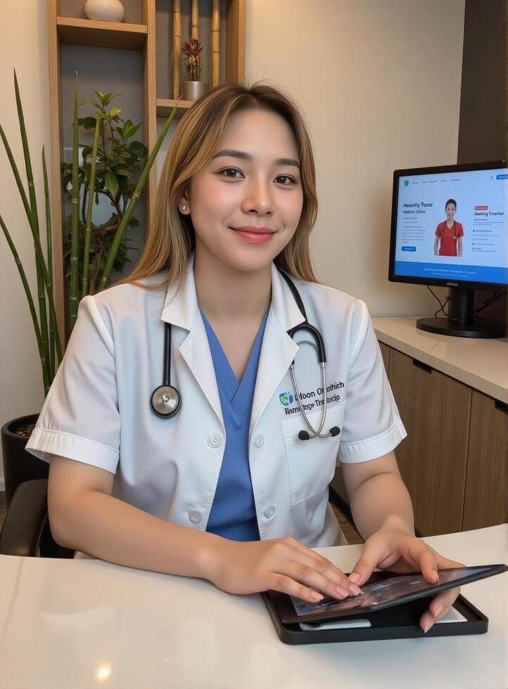 Dedicated woman doctor examines tablet screen while standing in modern treatment room photo
