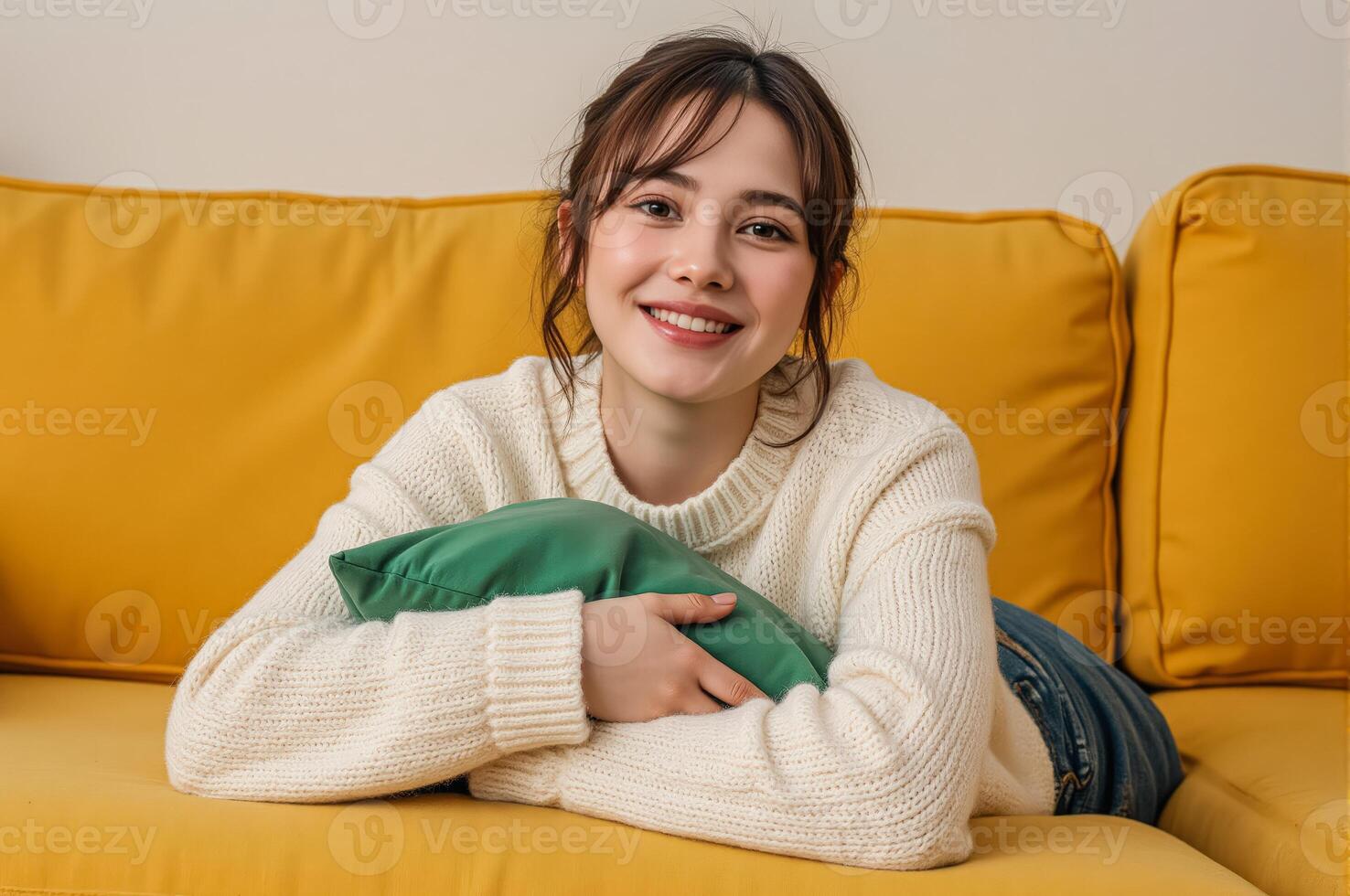 A woman in a sweater is smiling while sitting on a couch photo
