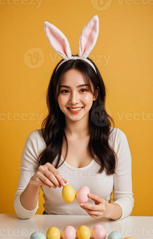 Happy woman wearing bunny ears holding colorful easter eggs photo