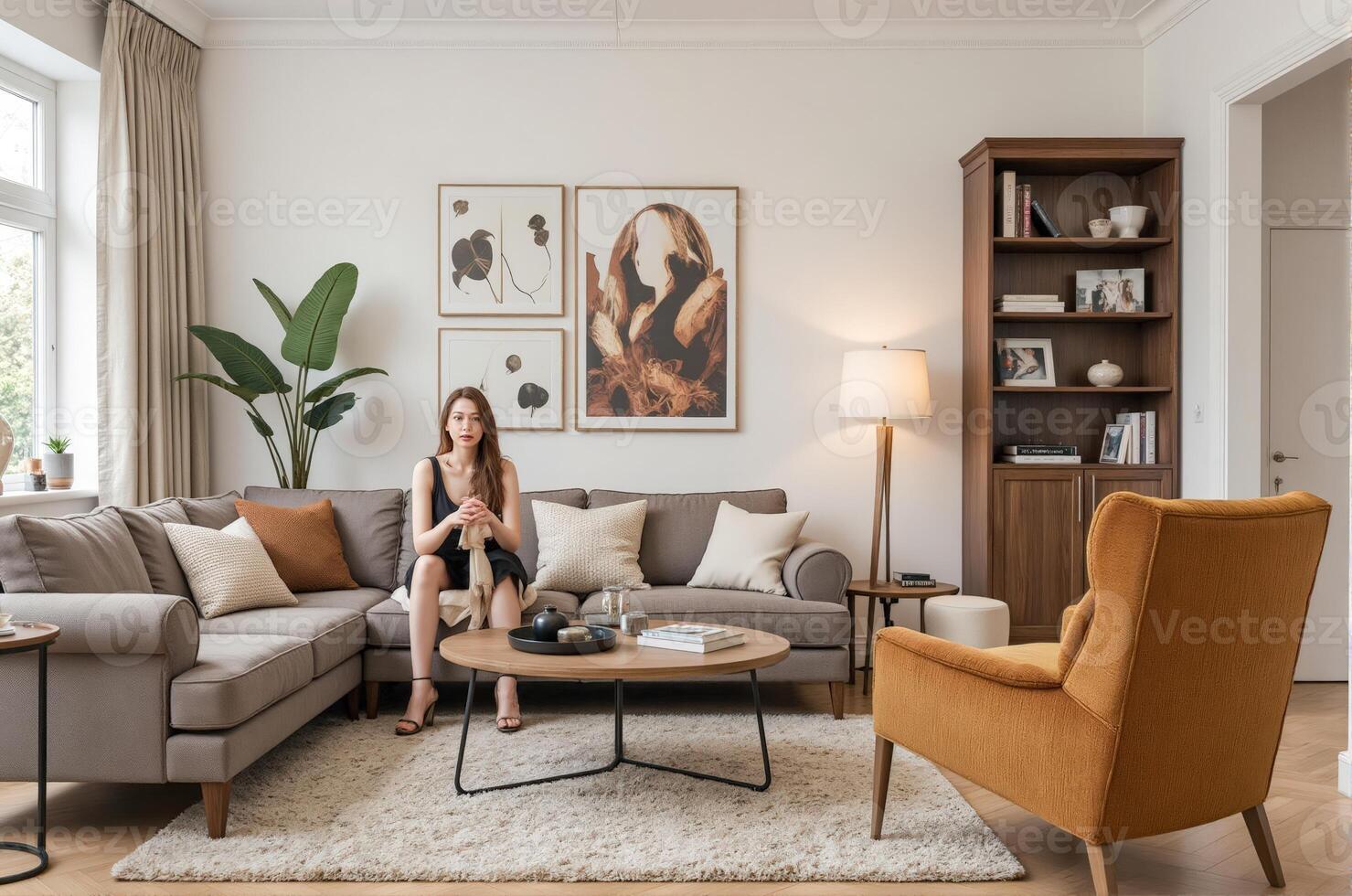 A woman sitting on a couch in a living room photo