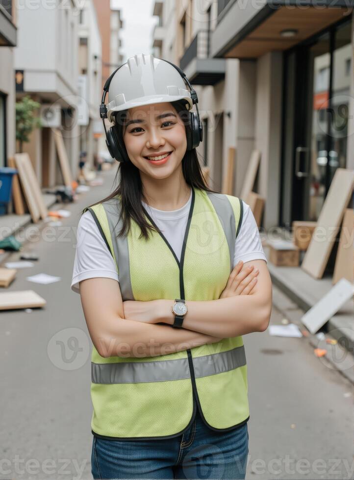 Asian female construction worker standing in the street photo
