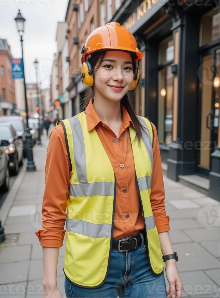 A woman wearing an orange vest and safety helmet photo