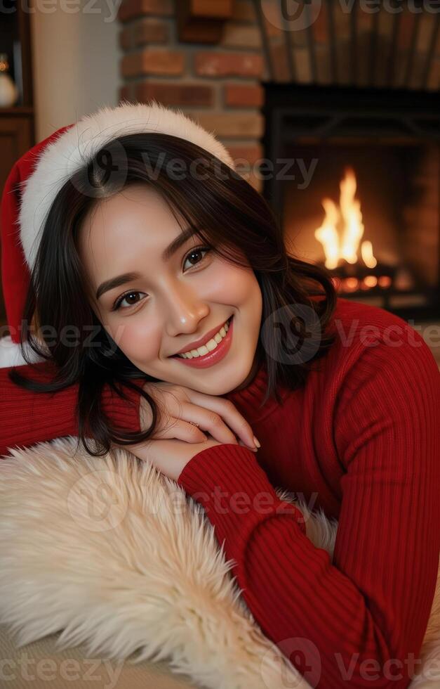 Stylish holiday look woman with black wavy bob wears Santa hat and red sweater on cozy living room sofa decor photo