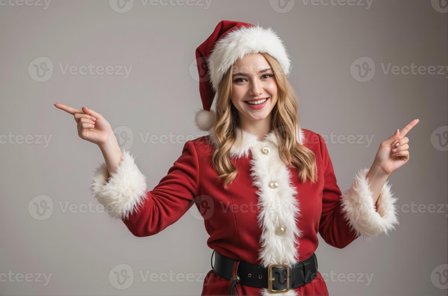 A beautiful young woman in santa claus outfit pointing at something photo