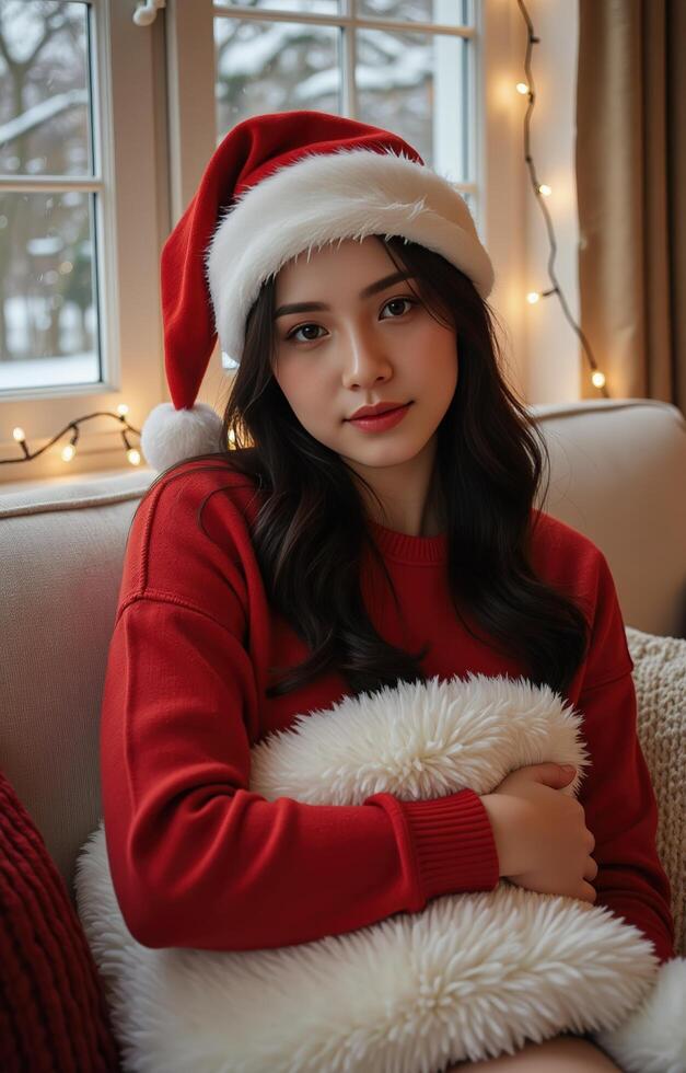A beauty woman in a red sweater and santa hat sitting on a couch photo