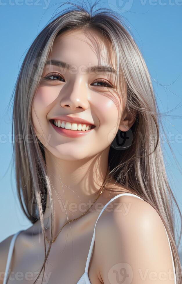 A beautiful young woman with long gray hair smiling photo