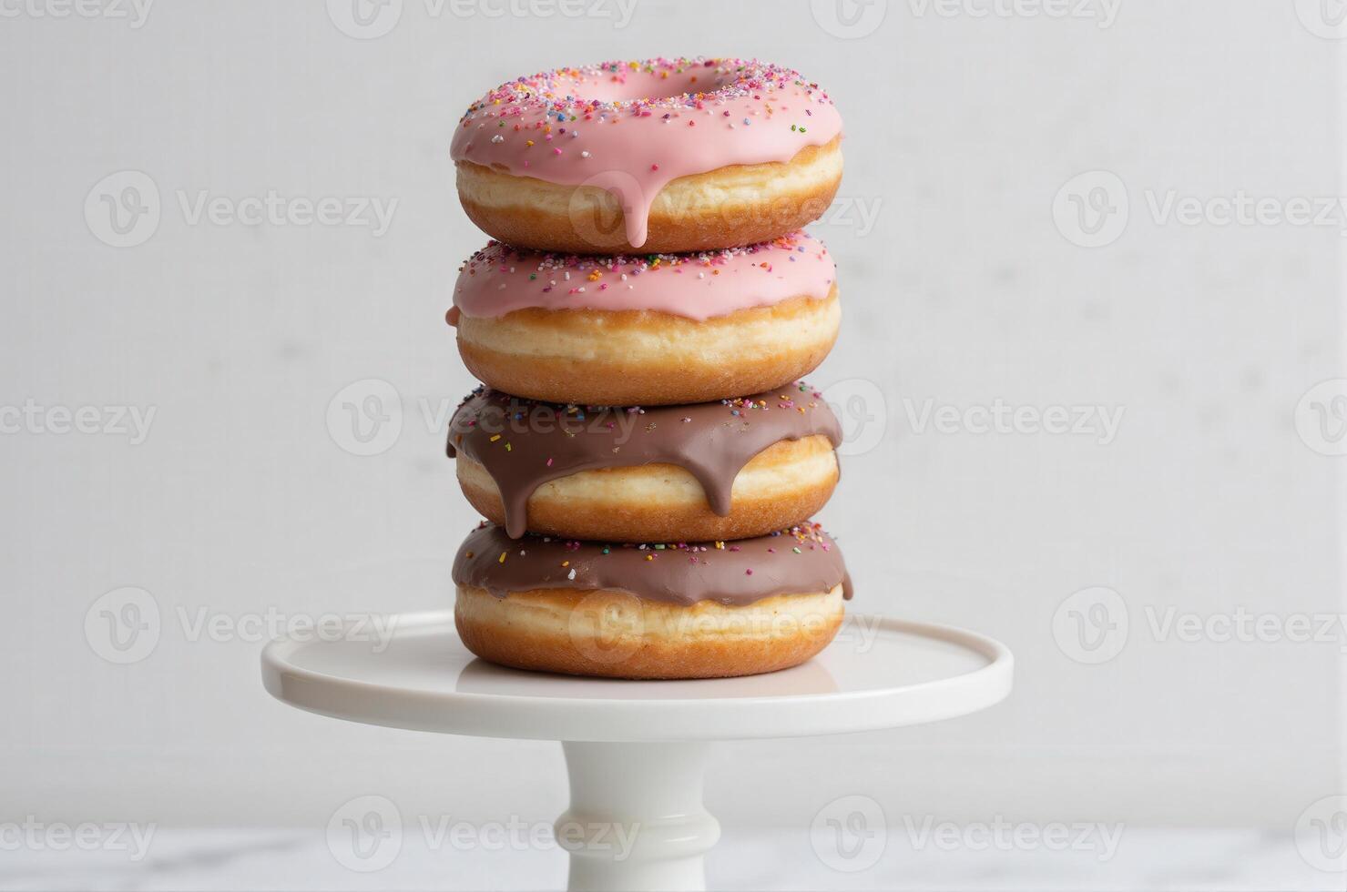 A stack of three donuts on a white pedestal photo