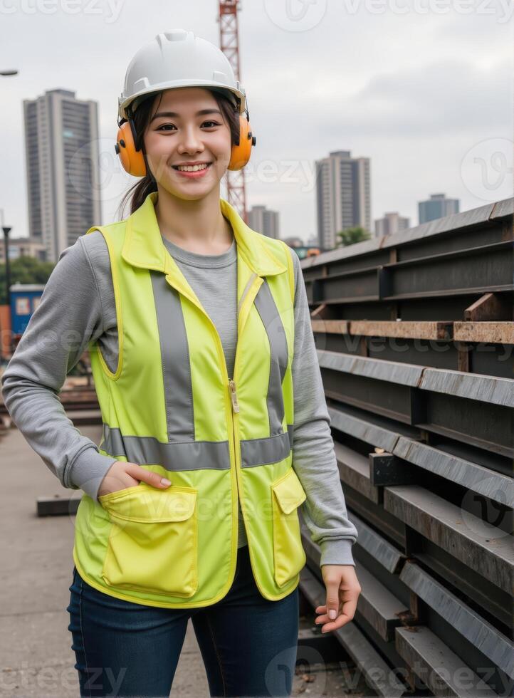 A woman wearing a safety vest and headphones photo