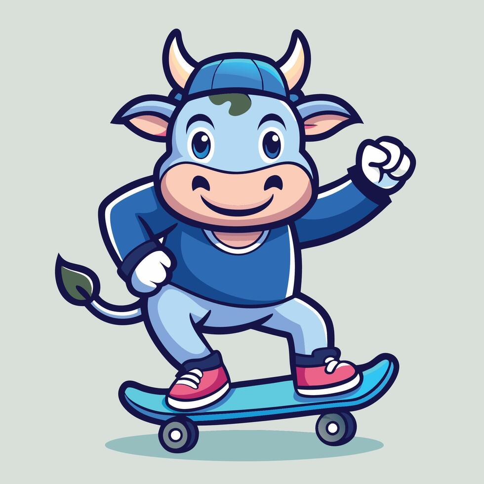 Cartoon Illustration of a Cool Cow Riding a Skateboard with Style vector