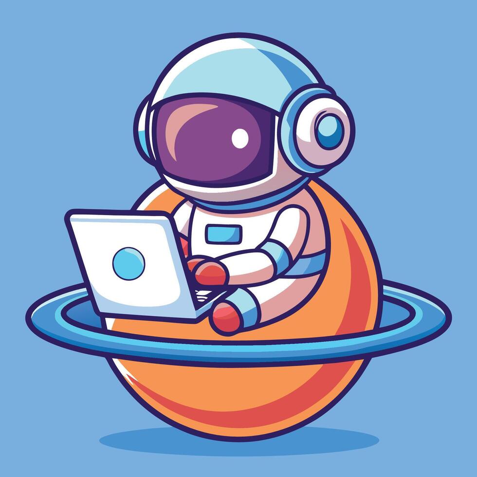 Adorable Astronaut Using Laptop on an Extraterrestrial Planet vector