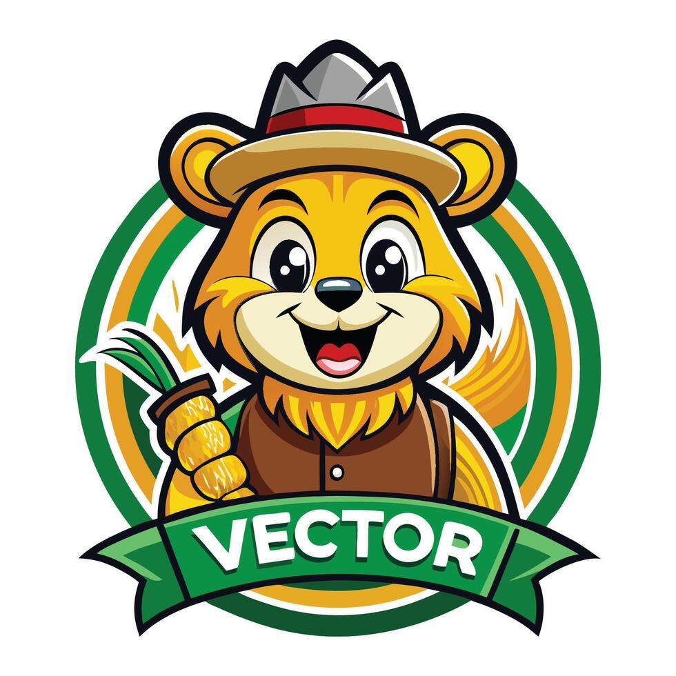 Cartoonish Illustration of a Playful Straw Bear Mascot with a Friendly Expression and a Charming Straw Hat vector