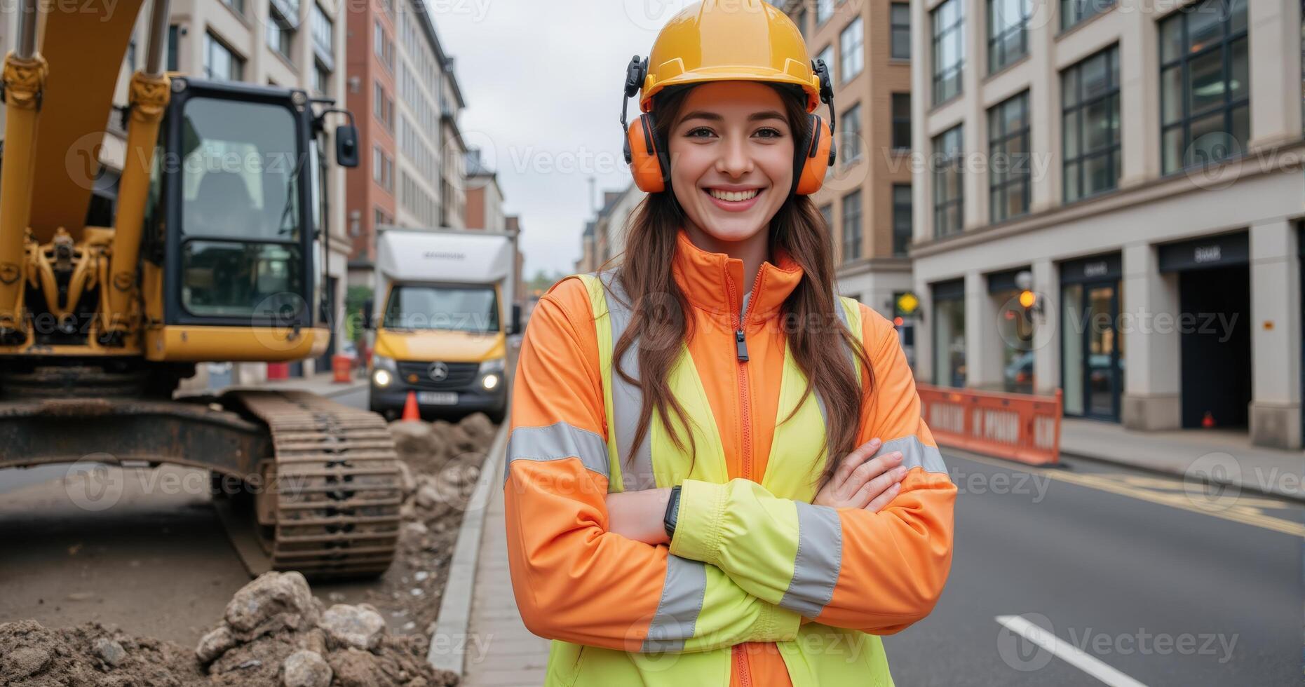A woman in an orange safety vest standing in front of a construction site photo
