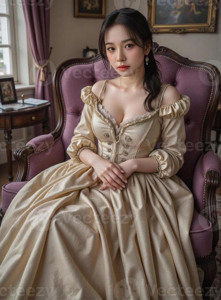 Opulent golden details adorn womans dress as she poses elegantly on purple velvet chaise photo
