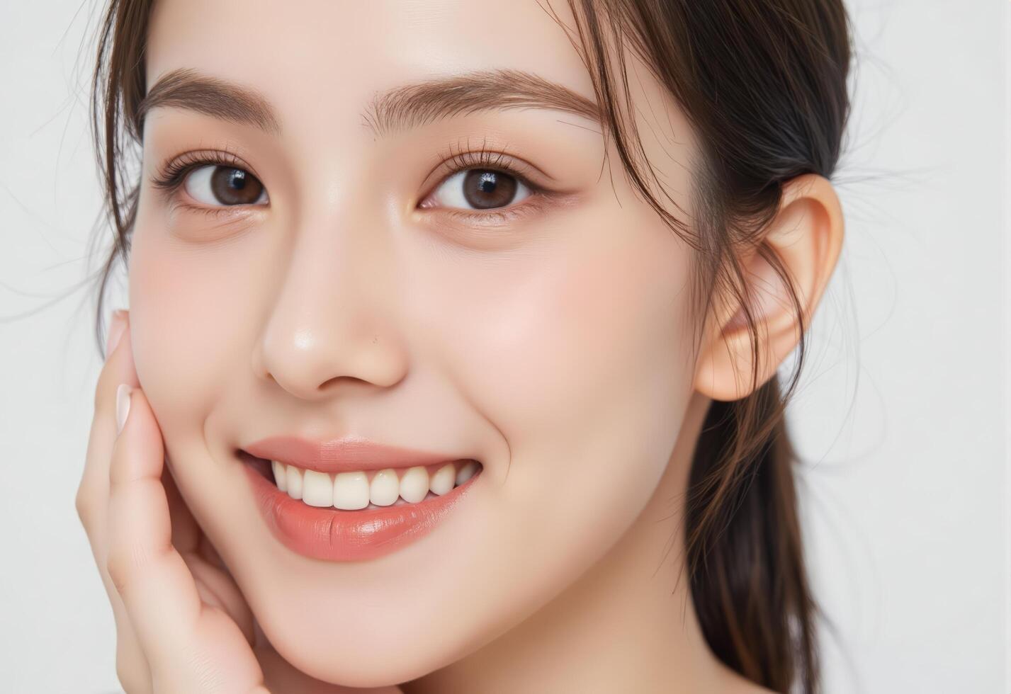 Radiant woman with silky straight black hair and glowing makeup looks at camera in bright white studio setting photo