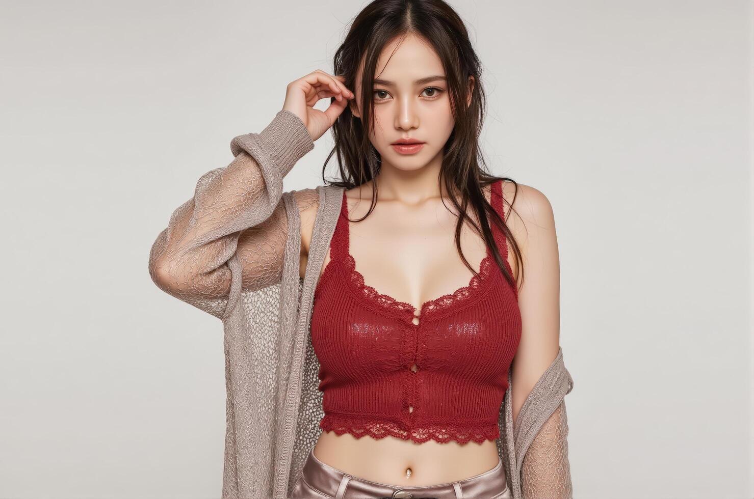 A woman in wet a red bra top and cardigan photo