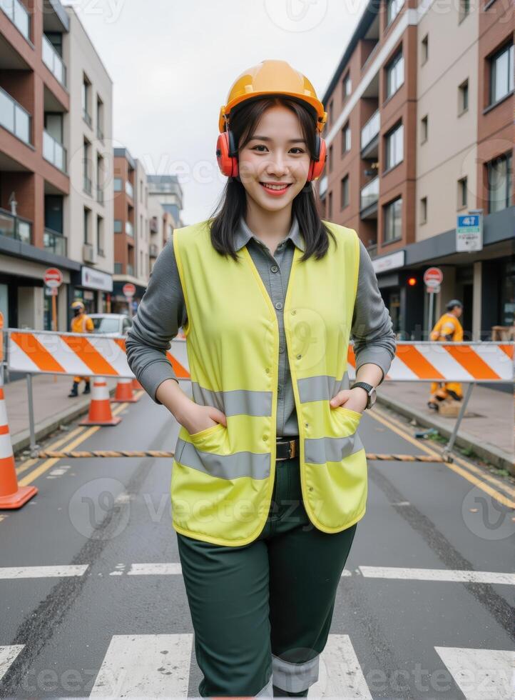 Asian woman wearing safety vest standing in the middle of a street photo
