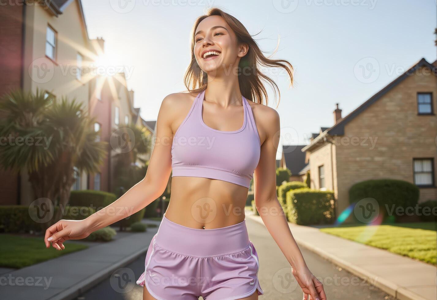 A woman in a purple sports bra top and shorts is running photo