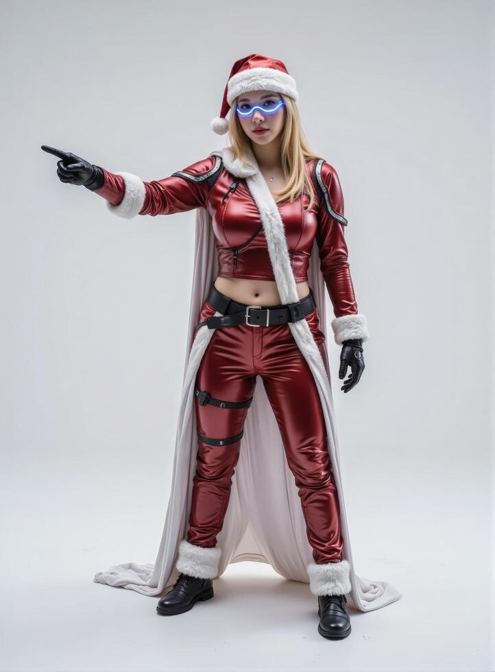A woman dressed as a santa claus pointing at something photo