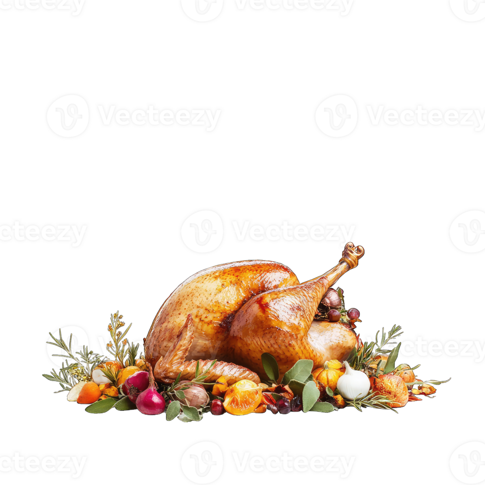 Roasted thanksgiving turkey dinner with vegetables and herbs on image stock photo png