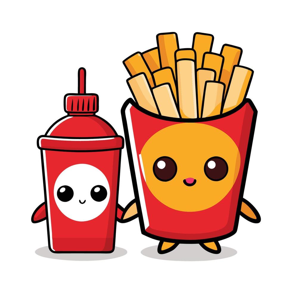 Adorable French Fries Embracing Scrumptious Ketchup Sauce in Cartoon Style vector
