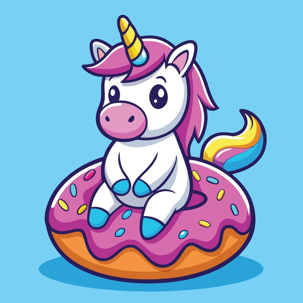 Enchanting Unicorn Resting Gracefully on a Doughnut Delight vector