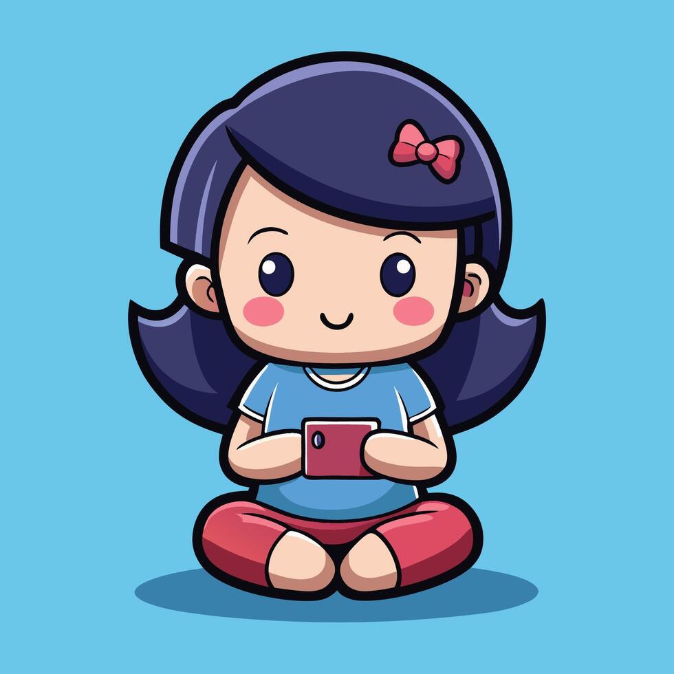 Adorable Cartoon Icon of a Young Girl Engaging with Her Smartphone vector