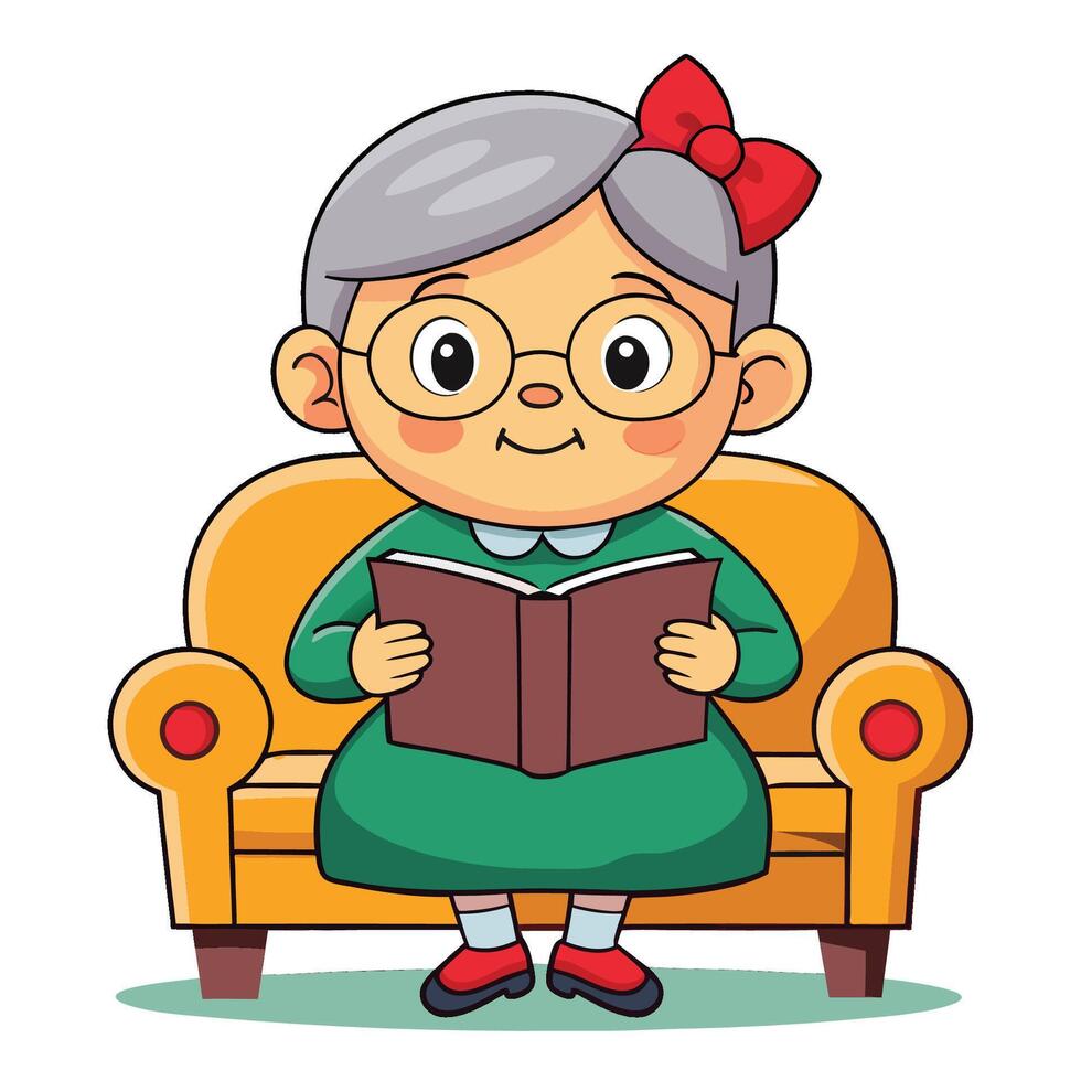 Adorably Cute Grandmother Reading a Book Comfortably on a Sofa Cartoon vector