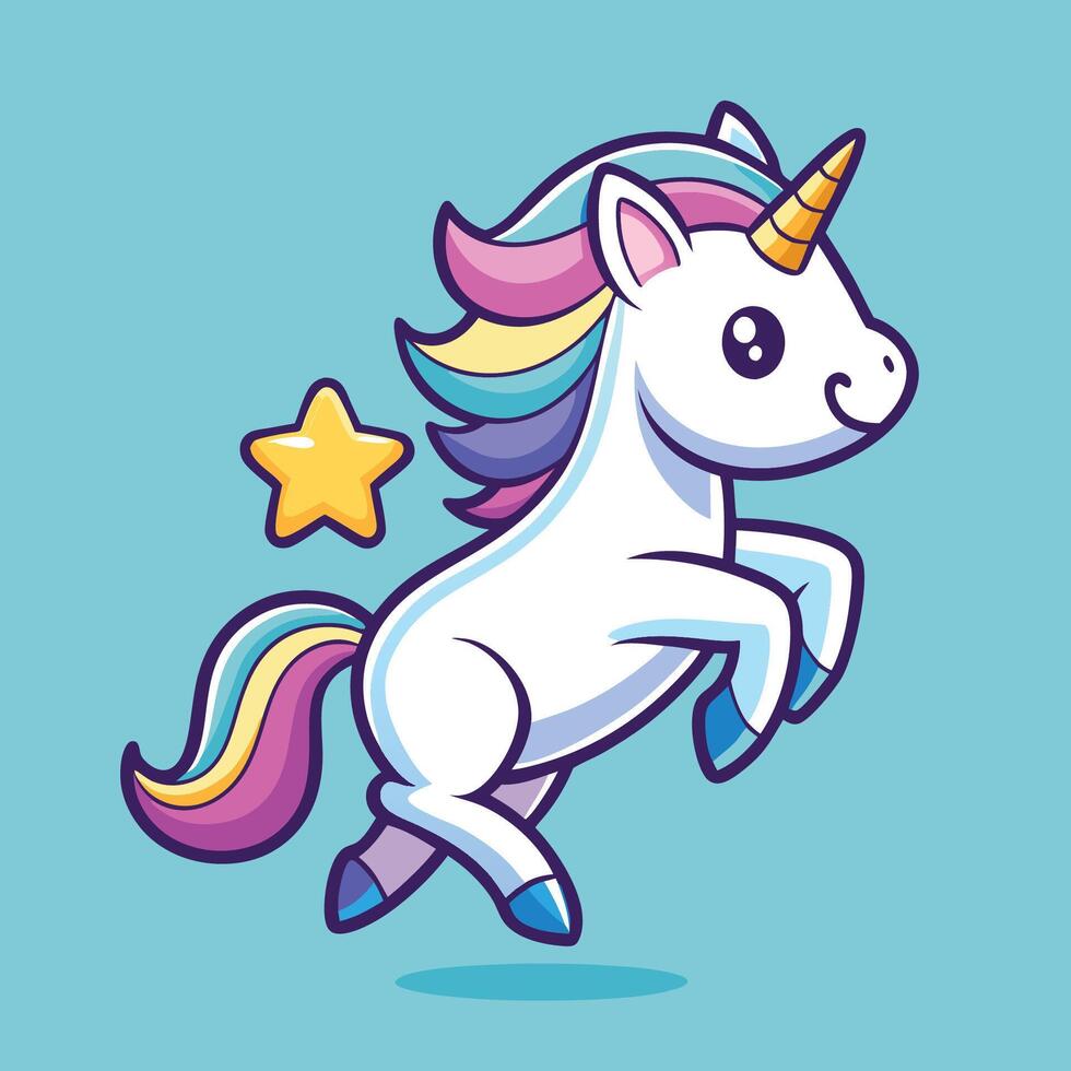 Adorable Cartoon Unicorn Leaping Gracefully Amidst Sparkling Stars vector