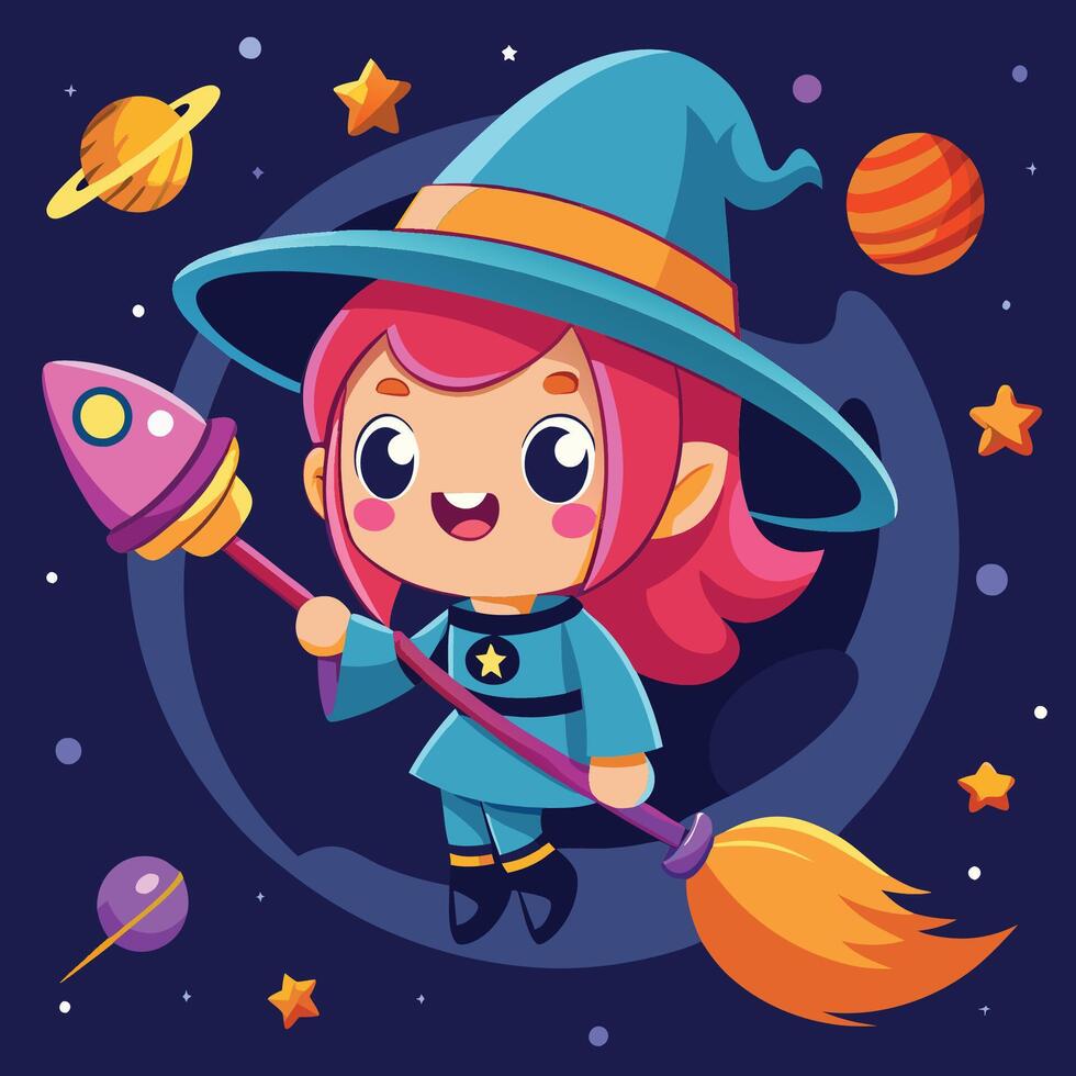 Enchanted Witch s Journey on a Magical Broom Car Ride in Space vector