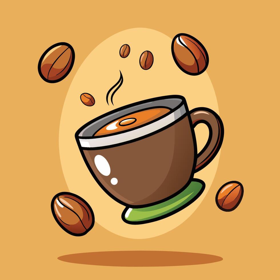 Animated Coffee Beans and Steaming Coffee Cup Cartoon Illustration vector