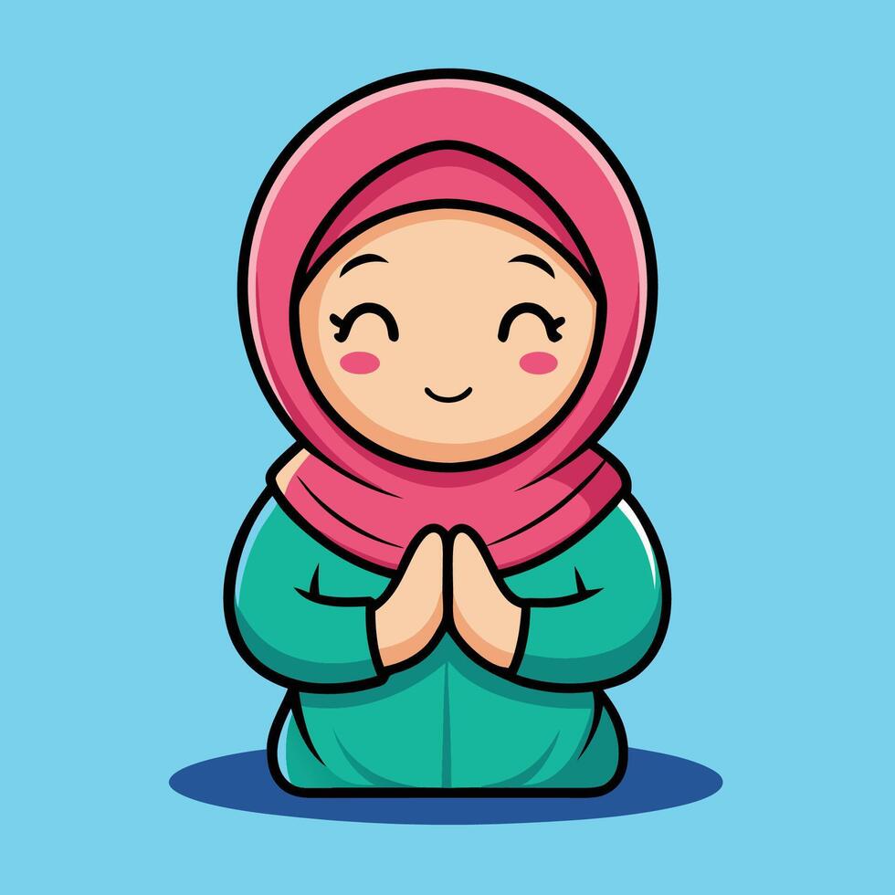 Adorable Muslim Girl Praying in Cartoon Illustration vector