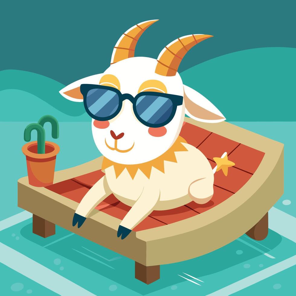 Sunbathing Goat Relaxes in Swimming Pool Wearing Shades vector