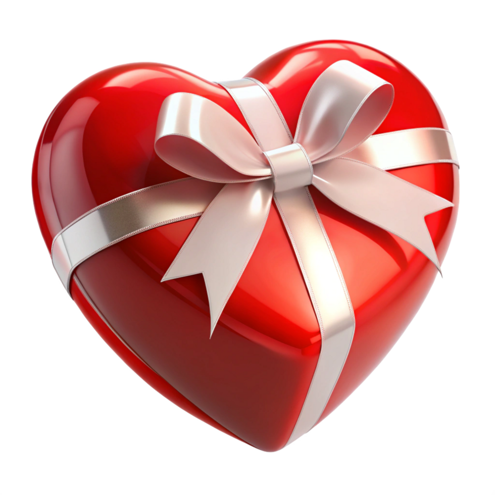 Classic Red Heart Shaped Gift with White Ribbon Bow in Transparent Background png
