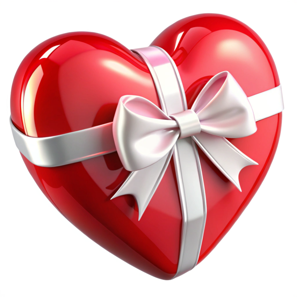 Valentine Shiny Red Heart Shaped Gift with White Ribbon Bow in Transparent Background png
