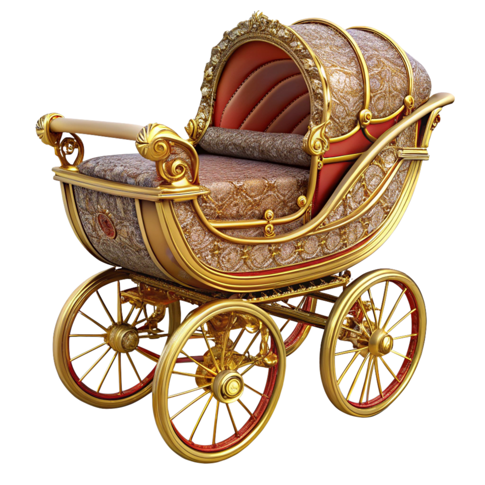 Vintage Style Baby Carriage With Luxury Gold Trim in Transparent Background png
